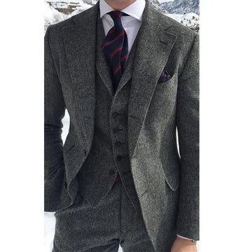 Aidase Herringbone Wool Grey Men Suits For Formal Business Groom Wedding Tuxedo 3 Piece Tweed Man Set Jacket Waistcoat with Pants aidase-shop